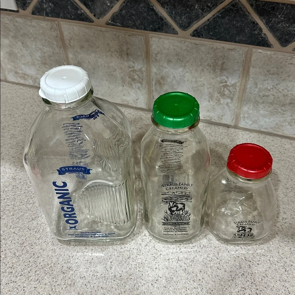 Straus Family Creamery Milk Glass Bottles Set of 3